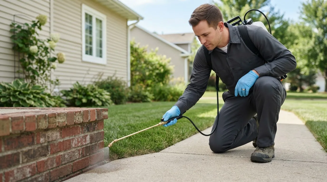Pest control technician treating a home near Berthold, ND